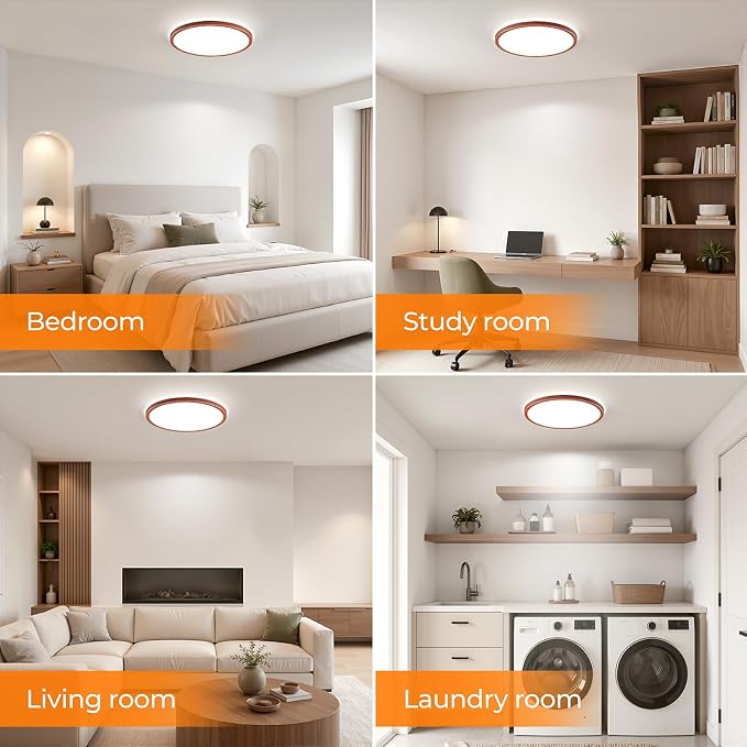 LED Flush Mount Ceiling Light, 12 Inch 24W 3000K/4000K/5000K Hardwire Light Fixture, Ultra Thin Round White Lamp for Kitchen Porch Bedroom Hallway Stairwell Basement- Walnut
