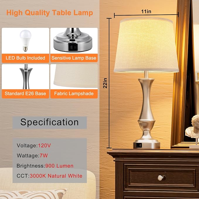Touch Lamps for Nightstand, 3 Way Dimmable Lamps for Bedroom with USB C+A | Touch Control, USB C+A Charging Ports, Table Lamps for Living Room, Night Stands, Bedside, Bedroom, Bulb Included, Silver