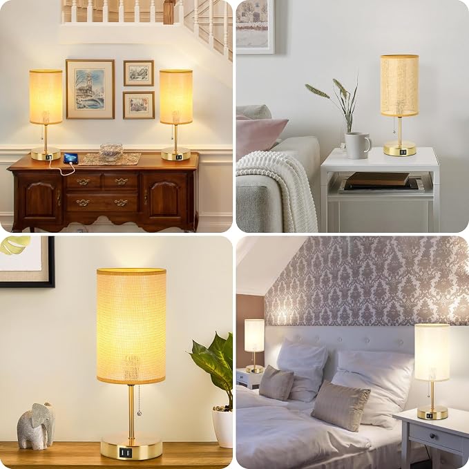 Set of 2 Table Lamp with 2 USB, Vintage Bedside Lamps for Bedrooms, Nightstand Lamps with Pull Chain, Bamboo Woven Desk Lamps with Rattan Lampshade and Gold Metal Base for Bedroom Living Room Desk