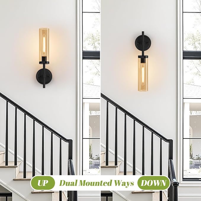 MOKATNG Hardwired Wall Sconces Set of Two, Matte Black Bathroom Sconces with Amber Glass, Modern Wall Light Fixtures for Bathroom Mirror Vanity, Living Room, Hallway, Stairway, Cabinet, Foyer