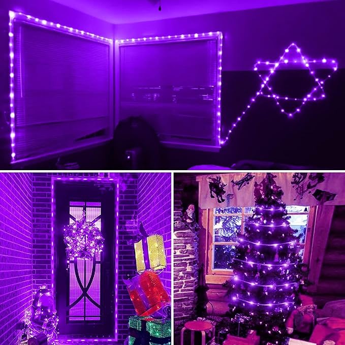 YEGUO Solar Halloween Lights, 2 Packs Each 33ft 100 LED String Lights Outdoor Waterproof, 8 Modes Fairy Lights in Clear Thin Tube for Camping Fence Patio Garden Trampoline Deck(Purple)