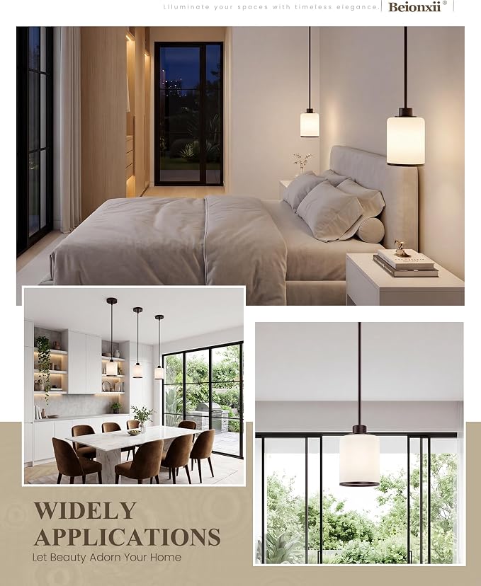 Beionxii Pendant Light Fixtures,Milk Glass Pendants Oil Rubbed Bronze,1Pack | Farmhouse Pendant Lighting, Hanging Pendant Light with Rods for Kitchen Island Dining Room Bedroom Entryway, BX-PL02ORB+R
