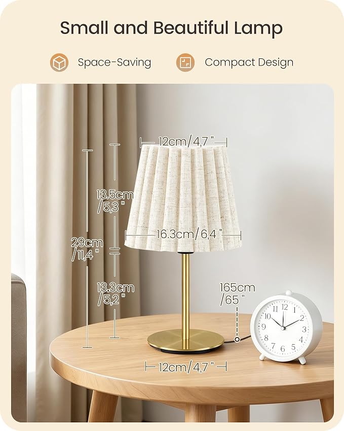 Small Bedside Table Lamps Set of 2, Dimmable Table Lamps with 3 Adjustable Color Temperatures, Nightstand Lamps with 2 Bulbs, E26 Base, for Bedroom, Study, Desk, Beige and Gold DE15TLP205