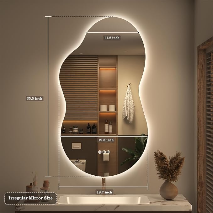 SMIROR 20x36 Irregular Backlit Led Lighted Bathroom Vanity Mirror | Asymmetrical, Cloud Shape, Anti-Fog, 3 Colors, Dimmable, Memory, Tempered Glass, UL