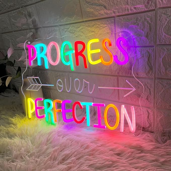 Progress Over Perfection Neon Sign, LED Neon Light Signs for Wall Decor Dimmable Inspirational LED Light Up Sign for Classroom Office Bedroom Library Study Room Kids Room Decorations