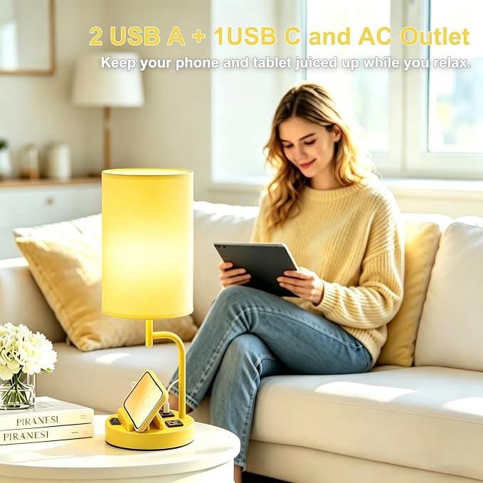 Dreamholder 2 Pack Table Lamp, Bedside Lamp with 3 USB Charging Ports & AC Outlet, USB Desk Lamp with 2 Phone Holders, Linen Fabric Shade Nightstand Lamps for Bedroom Living Room Office, Yellow