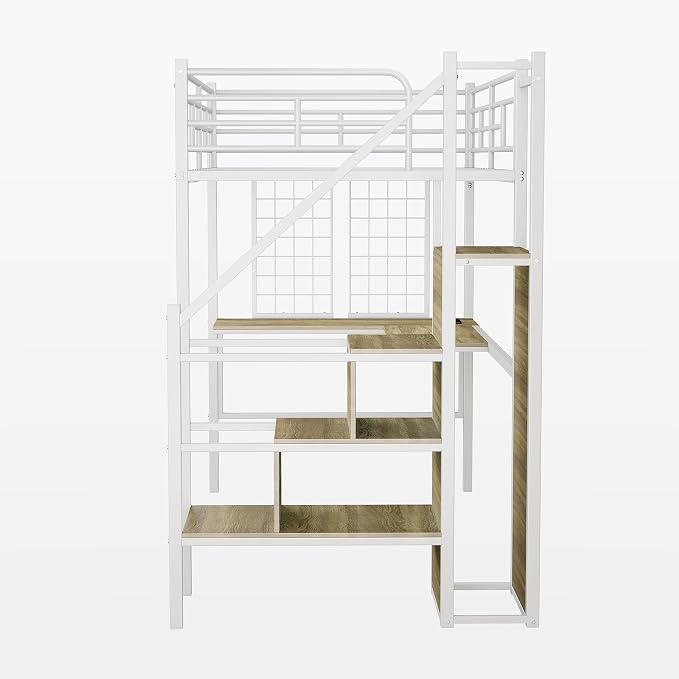 Twin Size Metal Loft Bed with Reversible Stairs & L-Shaped Desk,White | Storage Stairs,Wardrobe,L-Shaped Desk,USB Charging Station,Space-Saving for boys & Girls, Noise-Free, No Box Spring Needed