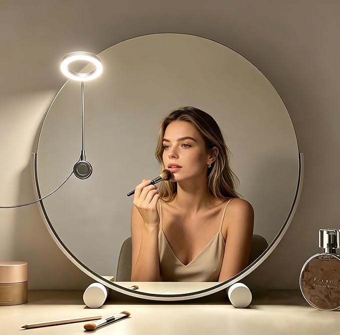 Suction Cup Makeup Lights for Full Length Mirror, Flexible Gooseneck Vanity Lights Stick on, Led Selfie Ring Light for Makeup Vanity Table & Bathroom Mirror, 3 Color & 10 Brightness, Plug in, Black