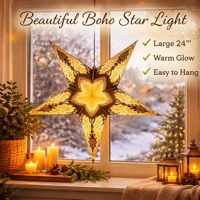 Lantern Lampshade Paper Star Light Shades Large 60cm Hanging Decorations for Christmas Wedding Home Decoration Birthday Party Foldable 5 Pointed Star (Glitter Black, Golden, Brown)