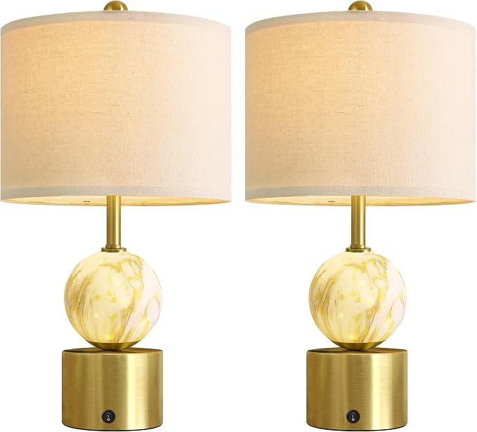 20.5" Small Bedside Table Lamps for Bedroom Nightstands, Gold Glass Modern Table Lamps Set of 2 with USB A+C Charging Port, Night Light, Luxury Lamps for Living Room End Table(Bulbs Included)