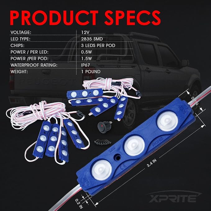 Xprite Blue LED Truck Bed Light Kits Rock Lights with On/Off Switch, for Pickup Footwells, Running Boards, Cargo, Under Car, Tonneau Cover, Rail Lighting - 8 PCs