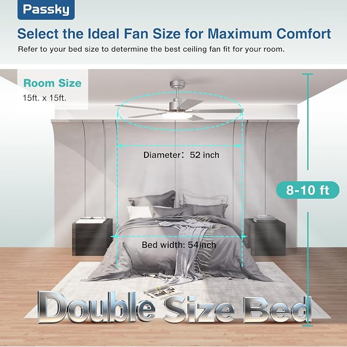Passky Ceiling Fans with Lights, 52 inch Sleek Ceiling Fan with Light and Remote Control, 3CCT, Dimmable, Reversible, Noiseless, Silver Ceiling Fan for Bedroom, Living Room | 3-color dimmable light, quiet reversible DC motor, easy install, memory, Time...
