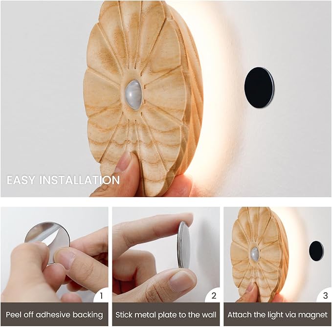 Flower Night Light with Motion Sensor, 2 Pack Rechargeable Night Lights | Ash wood, Backlit Soft Glow, Flower Motion Sensor Light, Stick-on Magnetic Lights for Stair, Hallway, Bedroom, Living Room