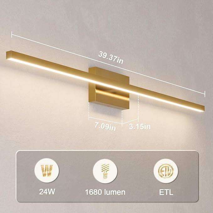 VOLISUN Modern Bathroom Vanity Light 39.4 inch, 24W Dimmable 5CCT Led Bathroom Light Fixture Over Mirror, Brass Bar Vanity Light for Bathrooms Mirror Cabinets Bedroom-ETL Certificated