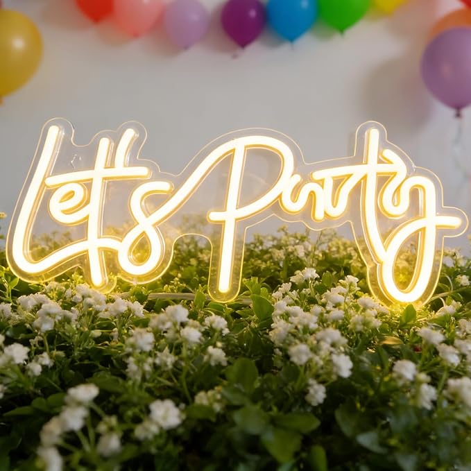 Let‘s Party Neon Sign for Party Wall Decor, LED Lets Party Light up Sign for Backdrop, 16"x 7" USB Powered 10 Warm Brightness Settings Light up Signs Birthday Bachelorettle Wedding Parties Bar
