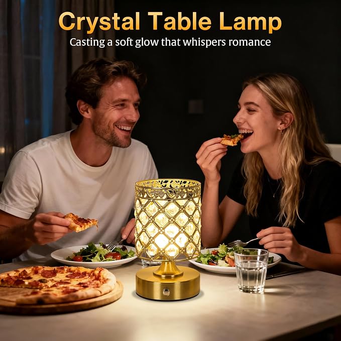 Gold Crystal Rechargeable Cordless Table Lamp, Touch Small Desk Lamp | 6000mAh Battery, 3 Color Temps, Stepless Dimming, USB Charging, Portable Wireless Night Light for Bar Bedroom Living Room