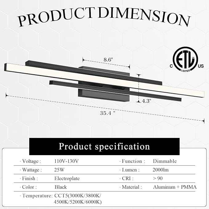 VitaLink Black Vanity Light, 35" Modern LED Wall Light Long Wall Lamp for Bathroom Over Mirror Dimmable Hardwired Wall Mount Lighting Over Vanity Indoor 5CCT(3000K/3800K/4500K/5200K/6000K)