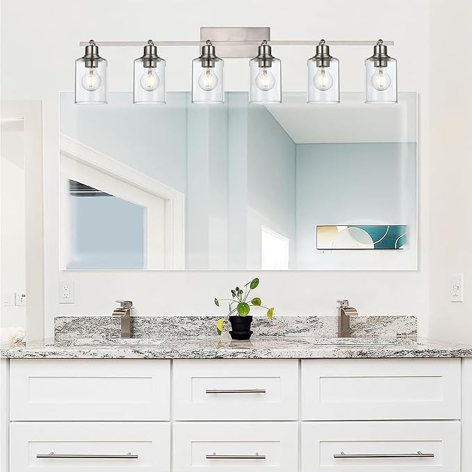 6 Light Track Lighting Fixture Brushed Nickel Track Lighting Kit | Ceiling Wall Mount Rotatable Spotlights with Clear Glass Shades, for Kitchen Island, Bathroom, Hallway, Shop