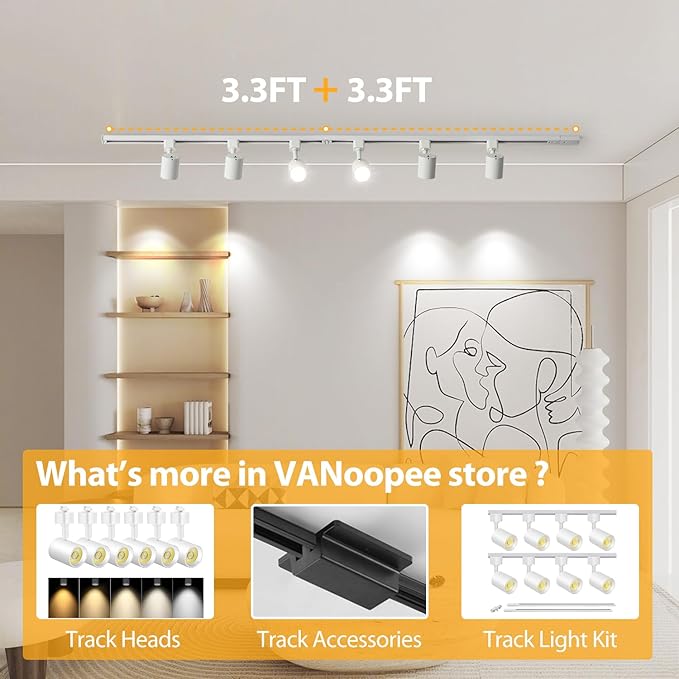VANoopee 13FT H Track Lighting Rails Kit, White | H Type Rails with End Caps and Live End Feed Connector, Compatible with Single Circuit 120V H Style Track System & LED Heads
