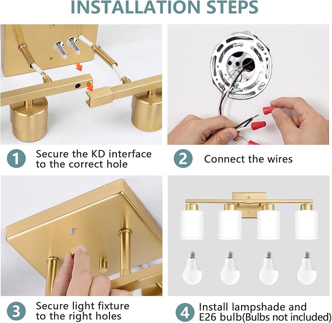 Gold Bathroom Light Fixtures Vanity Lighting Over Mirror | 4-Light Modern Wall Sconces with Milky White Frosted Glass Shades for Restroom (E26 Socket)