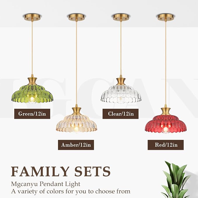 2Pack Glass Pendant Lights Kitchen Island, 11.8" Vintage Lighting Glass Light Fixtures Brushed Gold Modern Chandelier Hanging Ceiling for Dining Living Room Restaurant Bedroom Foyer