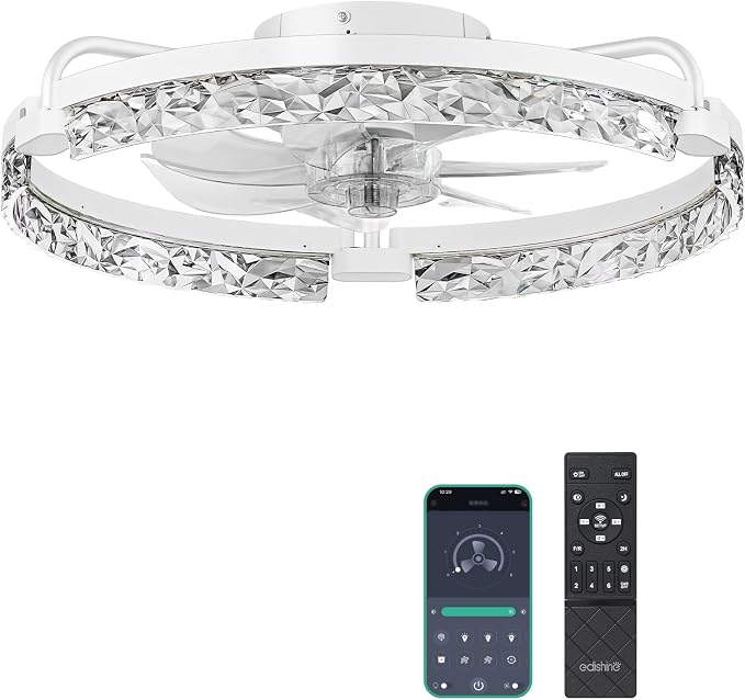EDISHINE 20" Modern Ceiling Fans with Lights and Remote,3000-6000K Dimmable | Low Profile Flush Mount Fandelier, 6 Speeds, DC Motor, LED Modern Bladeless Fan Light for Bedroom, Living Room, White