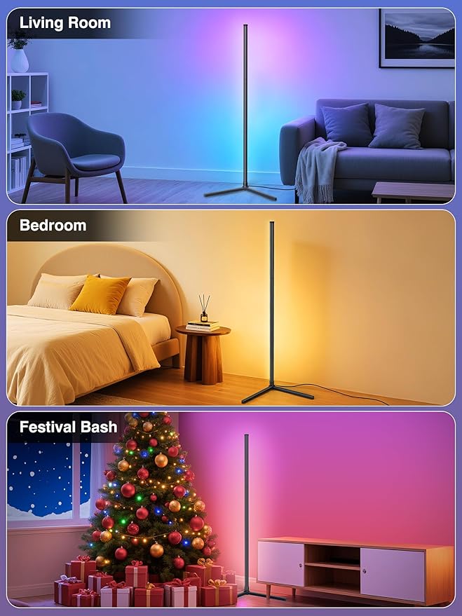RIYO LED Corner Floor Lamp RGB Color Changing Standing Lamp App Remote Sync | 16 Million Colors & 68+ Scene Music Sync Ambient Lighting for Living Room, Bedroom, Gaming Room Decor