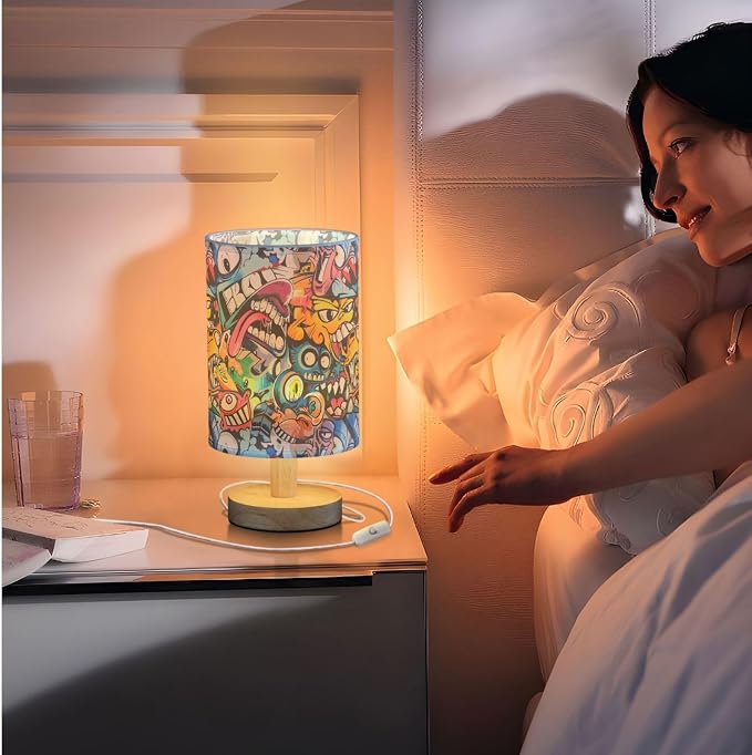 Colorful Street Graffiti Art Monkey Table Lamp for Bedroom USB Port Lamps Small Accent Table Lamp Nightstand Lamp Sturdy Linen Shade Wooden Base Decorative Lamps for Bedside Reading|Kids|Dorm|Home