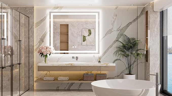 LED Bathroom Mirror with Lights 40 x 36 Brighter Light up Mirror for Bathroom Vanity, Front and Backlit 3-Color Dimmable Illuminated Antifog Mirror Wall Mounted, Waterproof, Tempered Glass