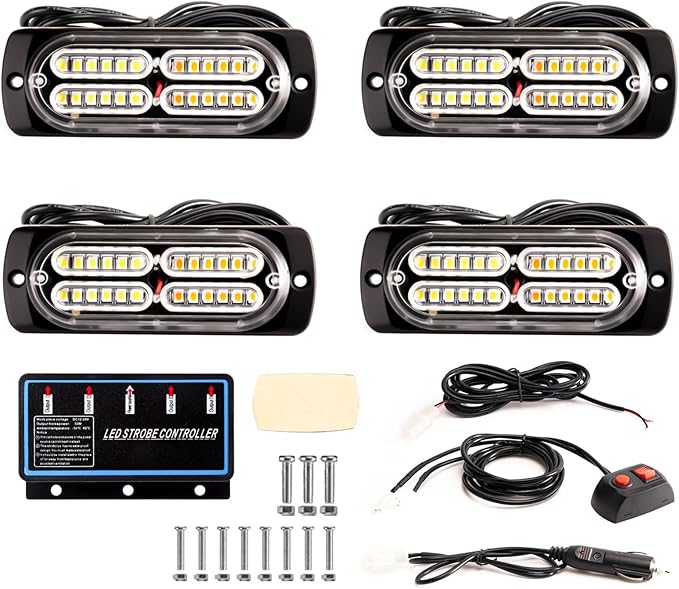 4-pcs Sync Feature LED Emergency Strobe Lights Ultra Slim Grille Surface Mount Flashing Warning Hazard Light Bar w/Controller for Construction, Trucks, Vehicles, Car (Amber/White)