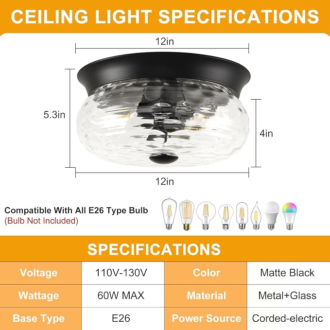 Black Flush Mount Ceiling Light Fixtures, 2-Light Ceiling Mount for Modern with Clear Hammered Glass Shade, Industrial Flush Mount Light Fixture Farmhouse for Hallway Kitchen Bedroom Entryway Foyer