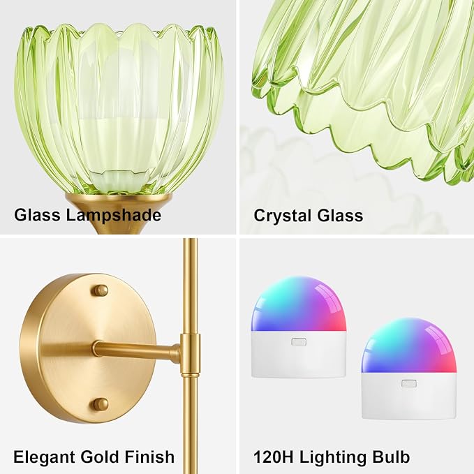 Vintage Battery Operated Wall Sconce Set of 2, Green Tulip Glass Lampshade Wireless 5300 mAh Rechargeable Battery Powered LED Wall Light with Remote Dimmable for Bedroom Bathroom Living Room