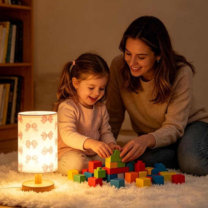 Pink Bow Kids Table Lamp,Night Light for Girls Bedrooms Bedside,3-Color Adjustable Dimming Reading Light with Linen Fabric Lampshade and Wood Base for Living Bedroom Child Room Study Home Decor