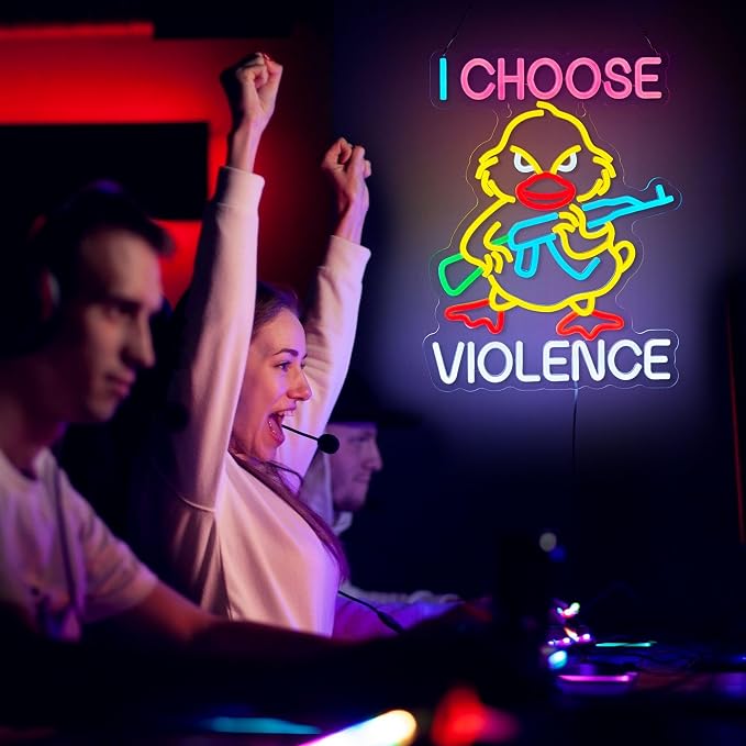 I Choose Violence Duck Neon Sign Goose Gun LED Light AK 47 Decor, USB Powered Dimmable Morale Art Signs for Pub Store Man Cave Room 16.5 X 12.6 inch