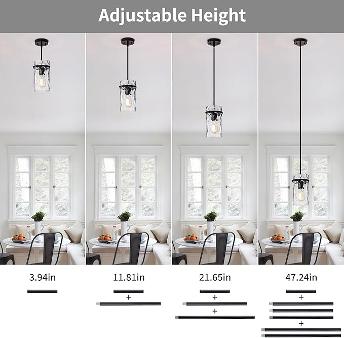 Farmhouse Hammered Glass Pendant Light, 5.5" Black Pendant Light, Modern Pendant Light Fixtures Island Lights for Kitchen Dining Room Light for Farmhouse Pendant Lighting 1 Pack