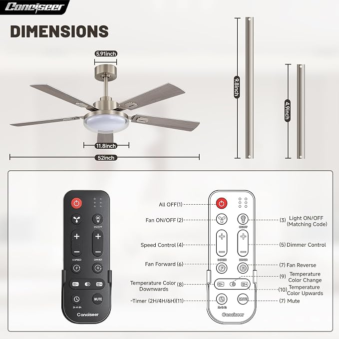 52 Inch Ceiling Fans with Lights and Remote, Bedroom Living Room Kitchen Office, 5CCT Dimmable,Dual Color 5 Blades, 6 Speed Reversible Quiet DC Motor, Double-Layer Lampshade, Sand-nickel/Wood Grain