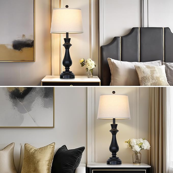 Modern Black Table Lamp for Living Room,30" Tall Bedside Lamp with USB Charging Port,3-Way Dimmable Touch Nightstand Lamp for Bedroom Desk Side Table Office,Black-1P