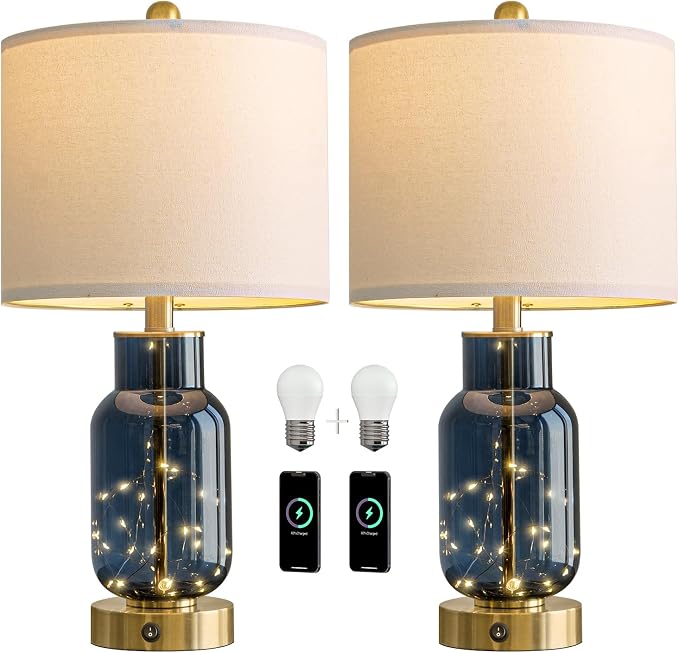 22" Glass Table Lamps Set of 2, Blue Modern Bedside Lamp with LED Night Light for Living Room, Nightstand Lamp with USB Ports for Bedrooms, Study Room, End Table(2 Bulbs Included)