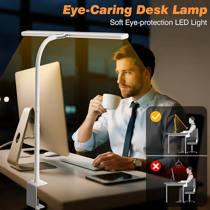 Airlonv LED Desk Lamp for Office Home, Eye-Caring Desk Light with Stepless Dimming Adjustable Flexible Gooseneck, 10W USB Adapter Desk Lamp with Clamp for Reading, Study, Workbench