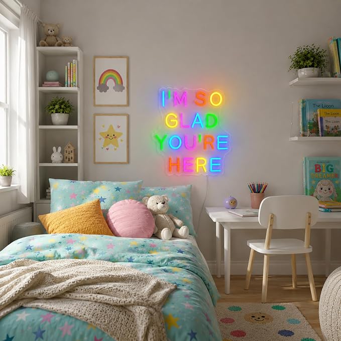 I’m So Glad You’re Here Neon Sign Dimmable Letter Positive Affirmation Neon Light USB Powered Colorful Welcome Light Up Sign for Classroom Wedding Party Store Home Wall Art Decor