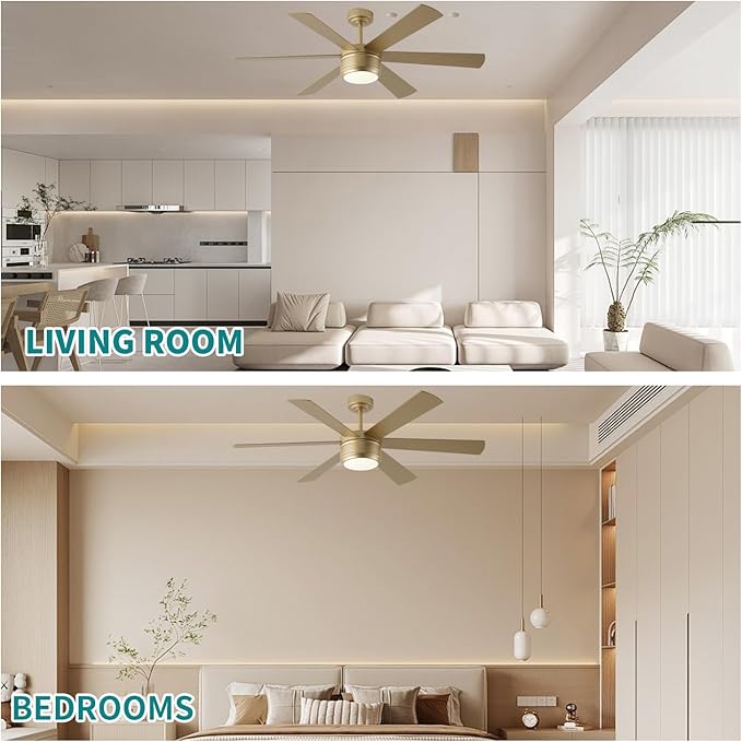 SHOWDI Ceiling Fan with Lights and Remote, 6 Blade App Control Timer Reversible Stepless Brightness and Color Temperature Outdoor Wood Ceiling Fan with Lights (Gold, 56 Inch)
