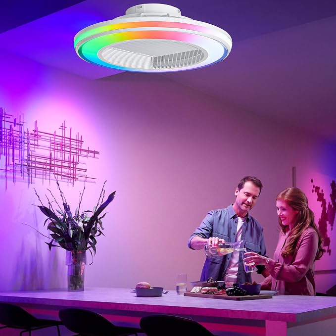 Smart Ceiling Fans with RGB Lights Remote - 20'' Flush Mount Low Profile Modern Ceiling Fans for Bedroom - Stepless Color Temperature and 6 Speeds