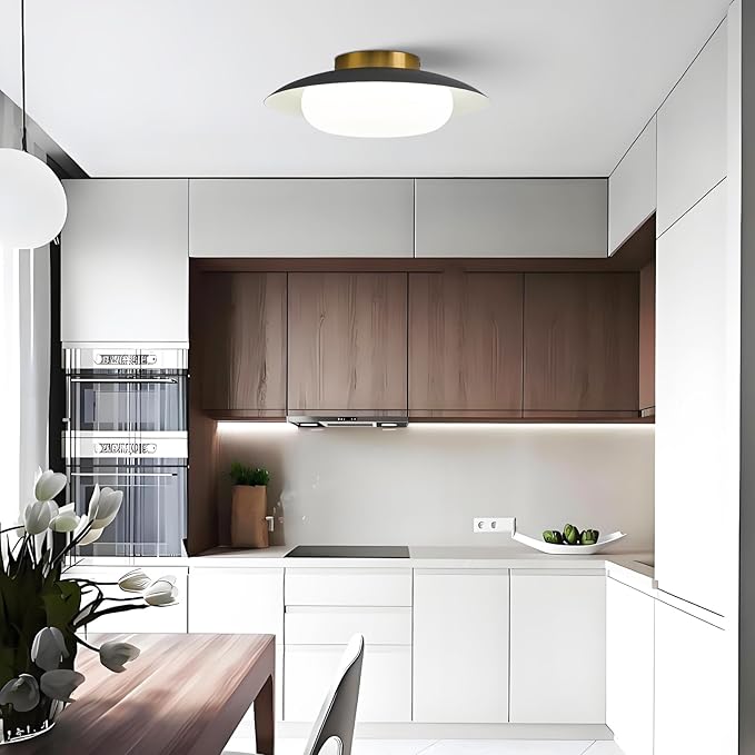 Modern LED Semi Flush Mount Ceiling Light Fixture,Round Matte Black and Gold Close to Ceiling Lamp Flushmount Lighting Fixtures for Kitchen Master Bedroom Living Room Entryway,5000K,15.74 inch