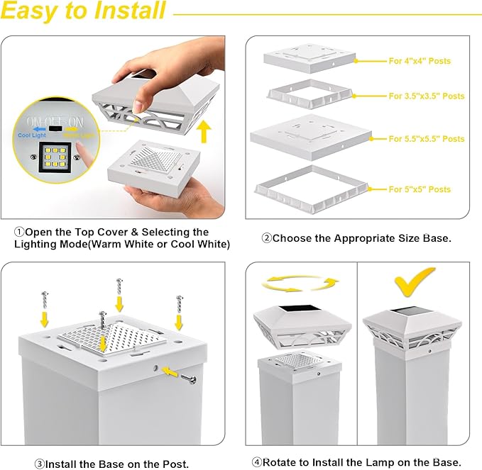 T-SUN Solar Post Cap Lights 6 Pack – Outdoor Waterproof Fence Lights for 3.5x3.5 4x4 5x5 5.5x5.5 Wood/Vinyl Posts, with 2 Brightness Modes Solar Deck Light for Patio, Garden, Porch(White)
