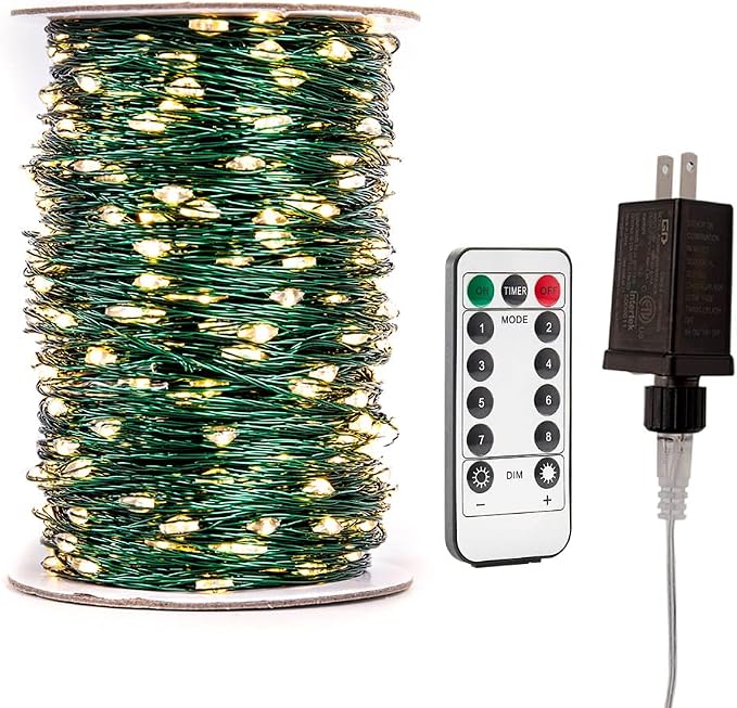 Green Wire Fairy Lights Plug in 200FT High Bright 600 LED Waterproof LED String Lights with Remote Warm White for Christmas Tree, Patio, Garden, Backyard