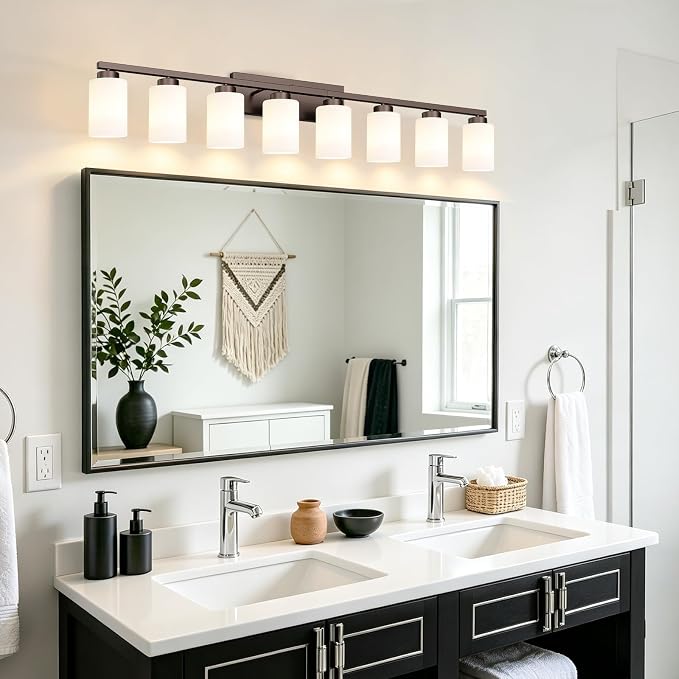 IZORRO Modern Bathroom Light Fixtures, 8 Light Oil-Rubbed Bronze Vanity Lights, Bathroom Lighting Fixtures Over Mirror with White Glass for Living Room Cabinet Bedroom