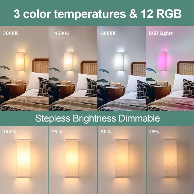 Shenmoyl 2-Pack Rectangle Wall Sconces, Battery Operated with 6000mAh Rechargeable Bulb, 12 RGB Colors & Dimmable, Stick on Wall No Drill, Timer Function, Linen Shade for Bedroom Living Room Decor