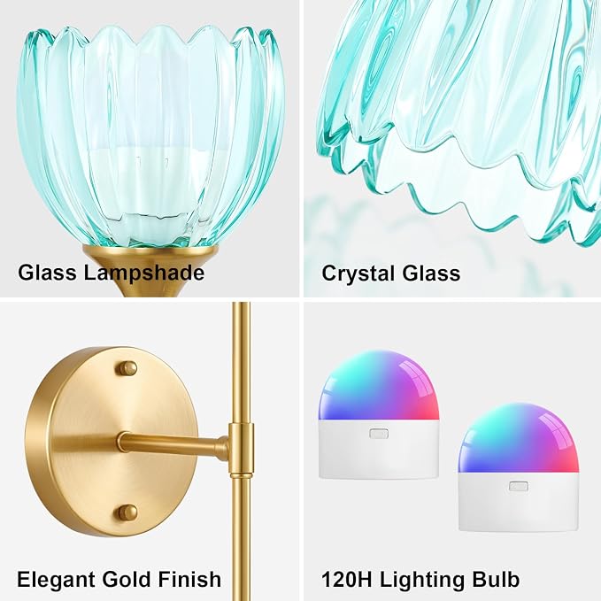 Vintage Battery Operated Wall Sconce Set of 2, Blue Tulip Glass Lampshade Wireless 5300 mAh Rechargeable Battery Powered LED Wall Light with Remote Dimmable for Bedroom Bathroom Living Room