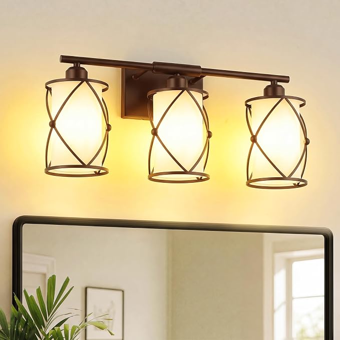 3-Light Oil Rubbed Bronze Bathroom Light Fixtures Over Mirror, 21" UL-Listed Modern Farmhouse Wall Sconce Lights with Milk White Frosted Glass and Metal Cage for Bath, E26, CH9176ORBW-3W