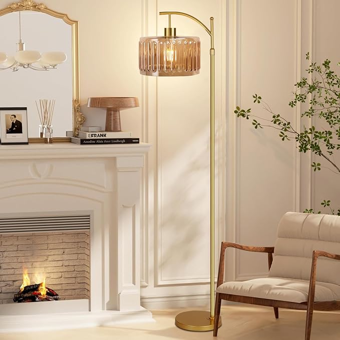 ILLMTW Glass Floor Lamp for Living Room,Bedroom,Gold Mid Century Modern Standing Lamp with Remote,Dimmable Brass Tall Lamp Amber Flower Lamp Vintage Floor Lamps Arc Floor Light Boho Bohemian